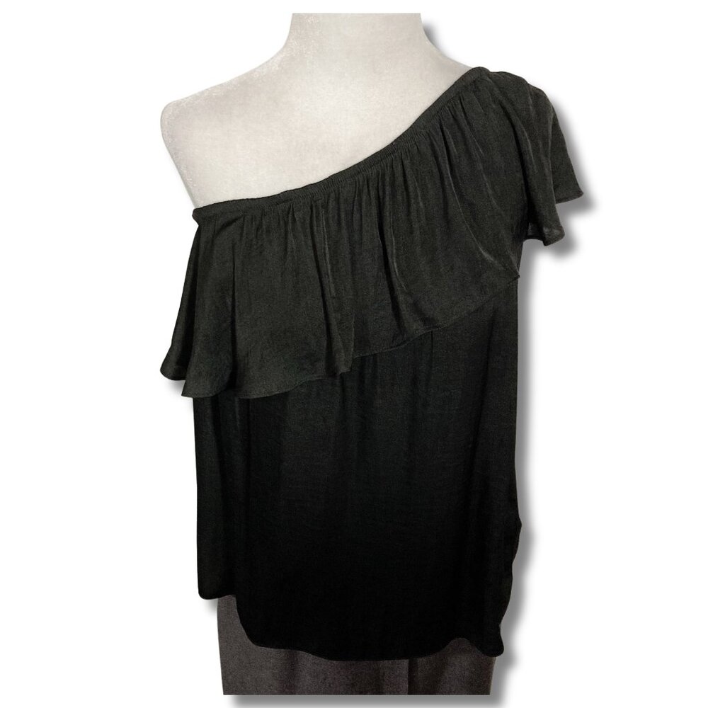 RICKI'S Soft black hued one-shoulder ruffled top ~ SMALL MEDIUM charcoal shirt